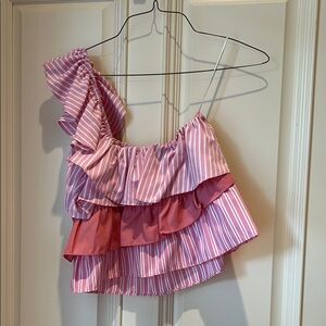 Striped Pink Ruffle One-Shoulder Top